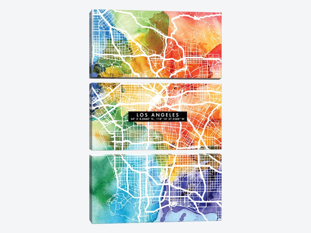 Los Angeles City Map Colorful by WallDecorAddict 3-piece Canvas Print