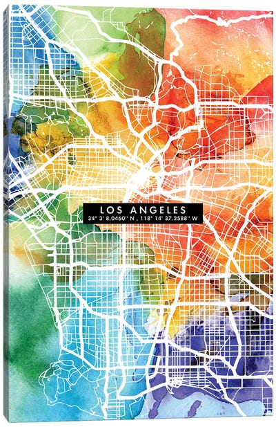 Los Angeles City Map Colorful Canvas Art Print - Los Angeles Maps