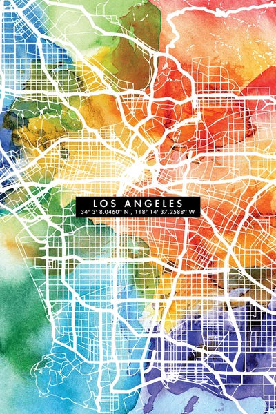 Los Angeles Maps: Los Angeles City Map Colorful by WallDecorAddict