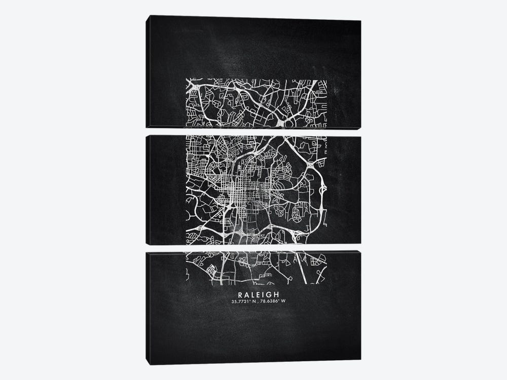 Raleigh City Map Chalkboard Style by WallDecorAddict 3-piece Canvas Artwork