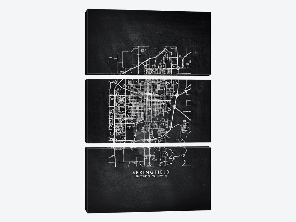 Springfield, Illinois City Map Chalkboard Style by WallDecorAddict 3-piece Canvas Art Print