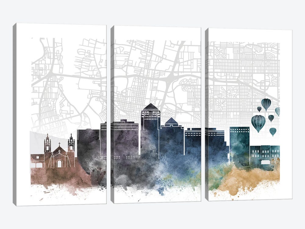 Albuquerque Skyline City Map by WallDecorAddict 3-piece Canvas Art Print