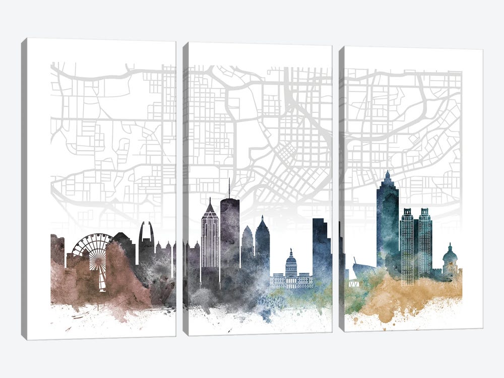 Atlanta Skyline City Map by WallDecorAddict 3-piece Canvas Artwork