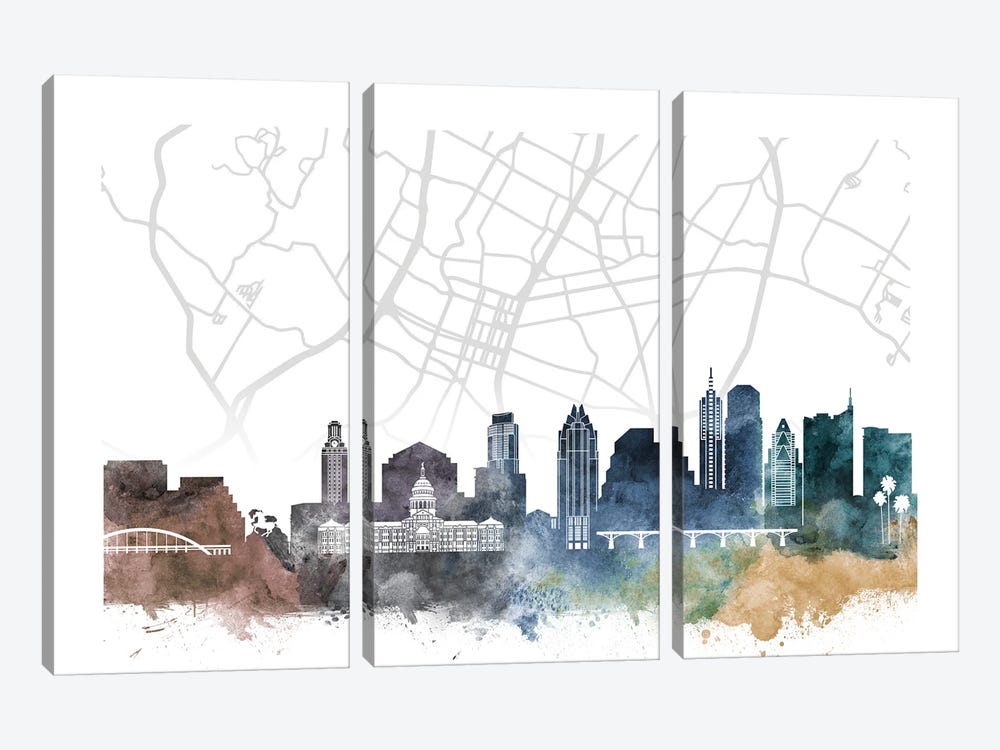 Austin Skyline City Map by WallDecorAddict 3-piece Canvas Art Print
