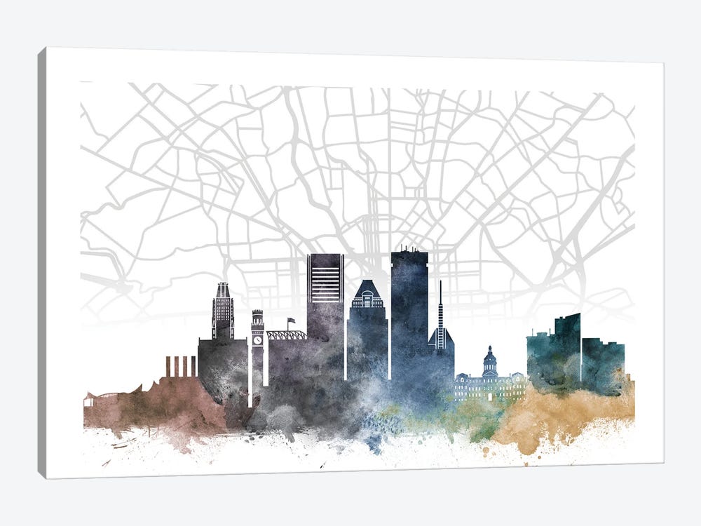 Baltimore Skyline City Map by WallDecorAddict 1-piece Canvas Artwork