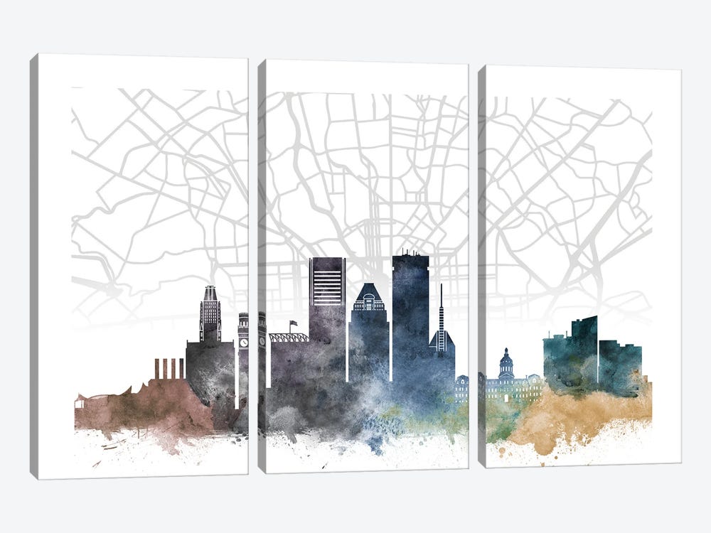 Baltimore Skyline City Map by WallDecorAddict 3-piece Canvas Wall Art