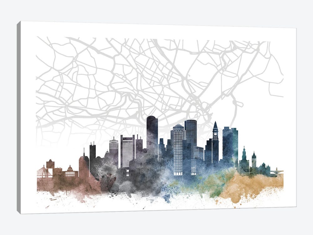 Boston Skyline City Map by WallDecorAddict 1-piece Canvas Artwork
