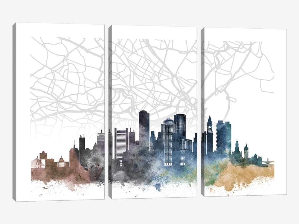 Boston Skyline City Map by WallDecorAddict 3-piece Canvas Wall Art