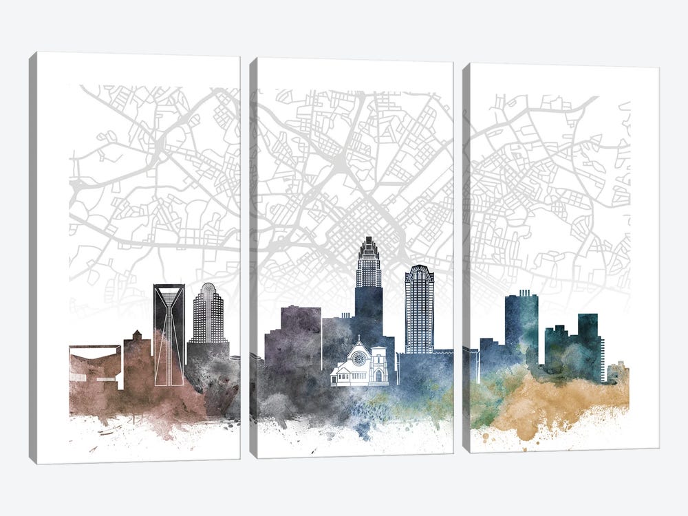 Charlotte Skyline City Map by WallDecorAddict 3-piece Canvas Wall Art