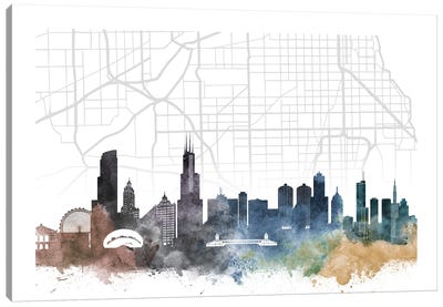 Chicago Skyline City Map Canvas Art Print - Chicago Maps