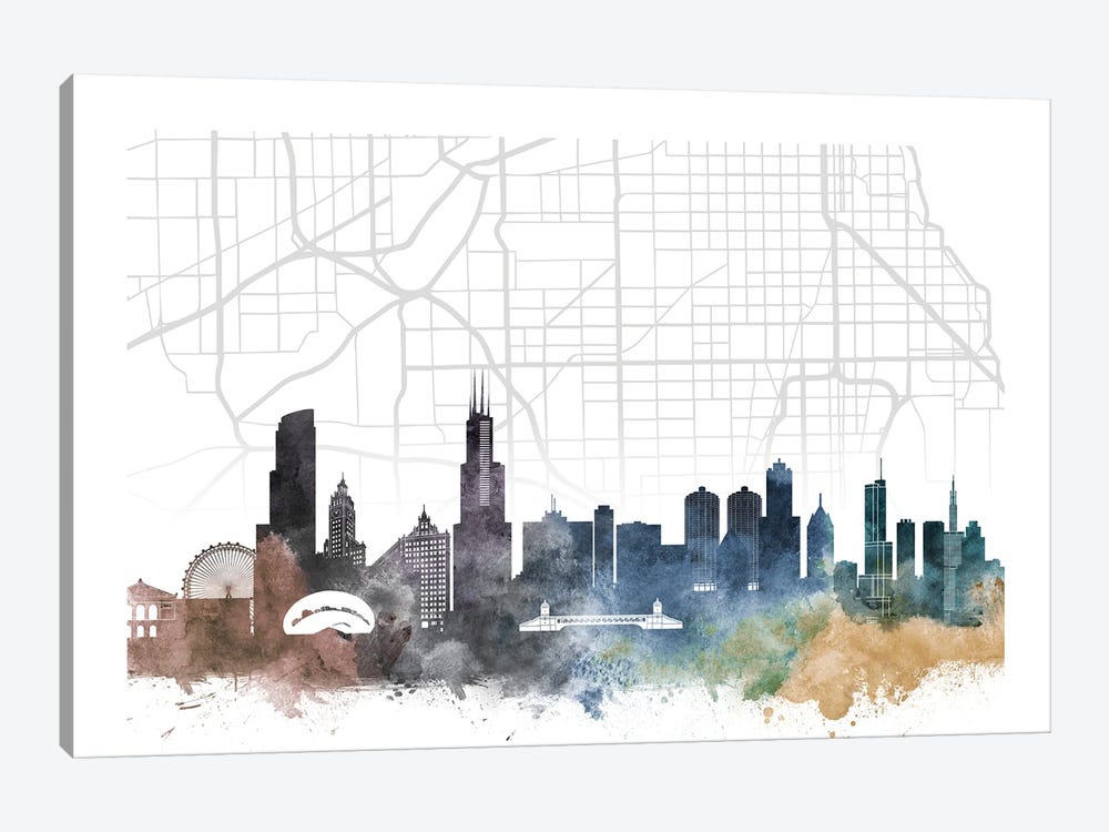 Chicago Skyline City Map by WallDecorAddict 1-piece Canvas Art Print
