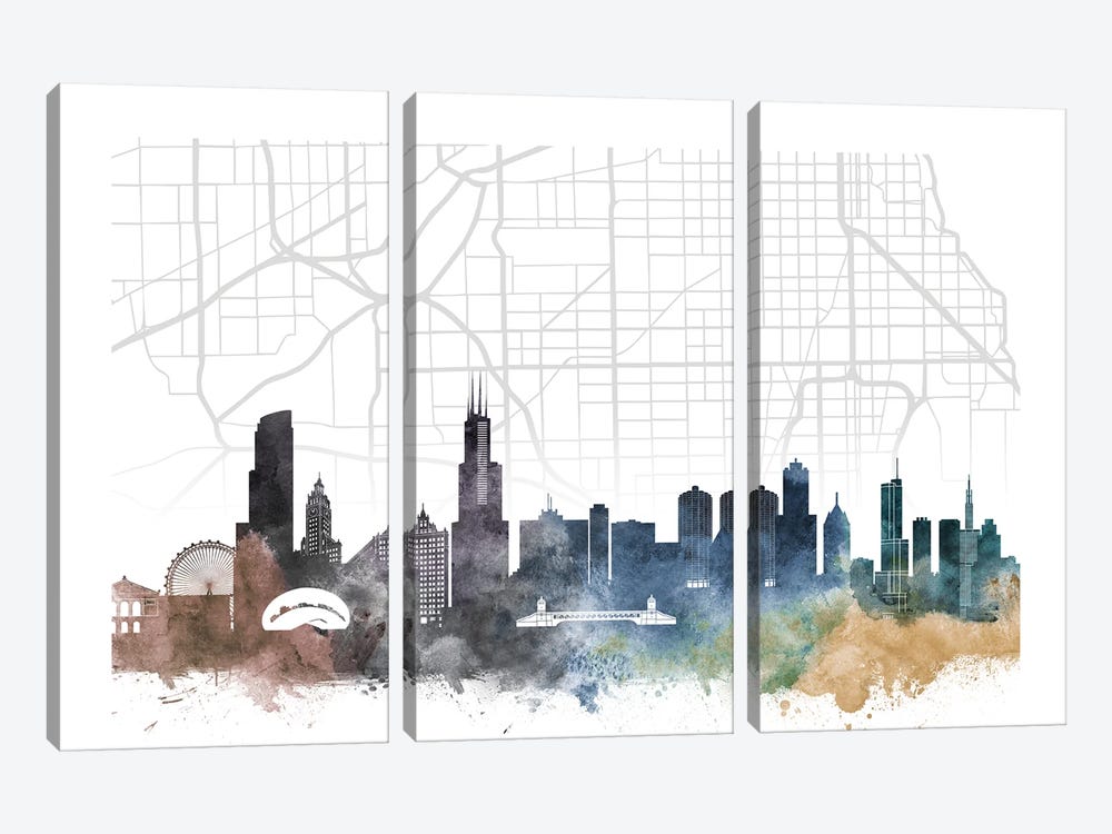 Chicago Skyline City Map by WallDecorAddict 3-piece Art Print