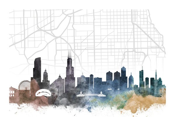 Chicago Maps: Chicago Skyline City Map by WallDecorAddict