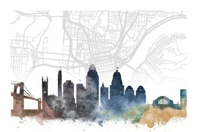 Cincinnati Skyline City Map by WallDecorAddict art print
