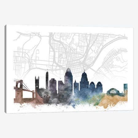 Cincinnati Skyline City Map Canvas Print #WDA2234} by WallDecorAddict Canvas Artwork
