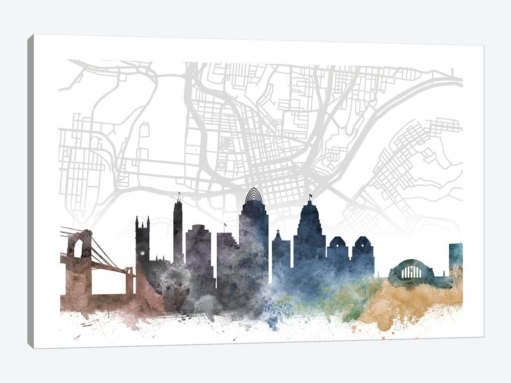 Cincinnati Skyline City Map by WallDecorAddict 1-piece Canvas Artwork