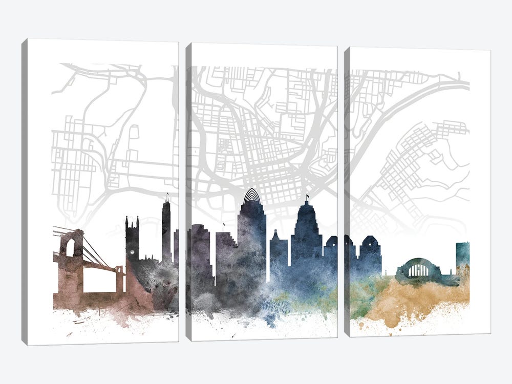 Cincinnati Skyline City Map by WallDecorAddict 3-piece Canvas Art