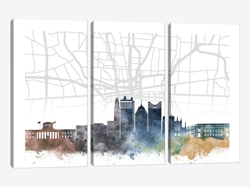 Columbus Skyline City Map by WallDecorAddict 3-piece Canvas Art Print