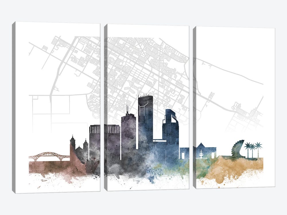 Corpus Christi Skyline City Map by WallDecorAddict 3-piece Canvas Art