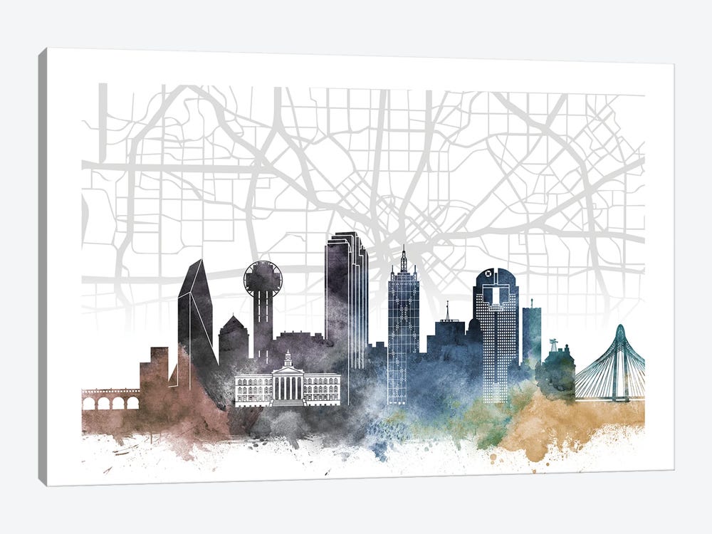 Dallas Skyline City Map by WallDecorAddict 1-piece Canvas Art Print