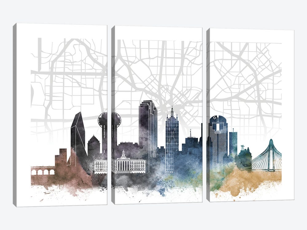 Dallas Skyline City Map by WallDecorAddict 3-piece Canvas Print