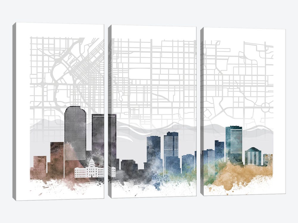 Denver Skyline City Map by WallDecorAddict 3-piece Canvas Art Print