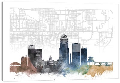 Des Moines Skyline City Map Canvas Art Print - Iowa Art