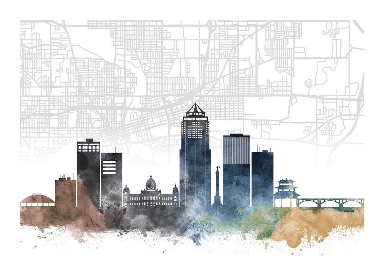 Des Moines Skyline City Map by WallDecorAddict canvas print