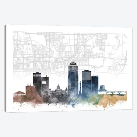 Des Moines Skyline City Map Canvas Print #WDA2241} by WallDecorAddict Canvas Wall Art