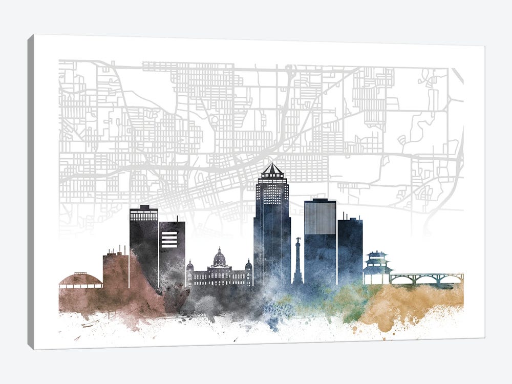 Des Moines Skyline City Map by WallDecorAddict 1-piece Canvas Wall Art