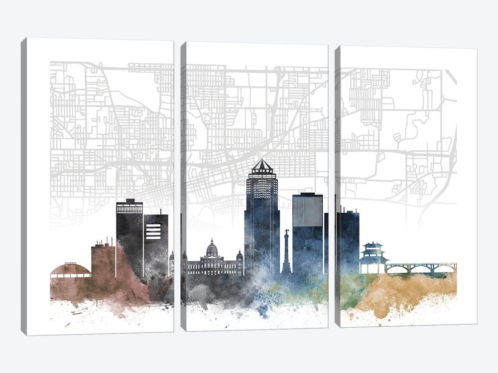 Des Moines Skyline City Map by WallDecorAddict 3-piece Canvas Art