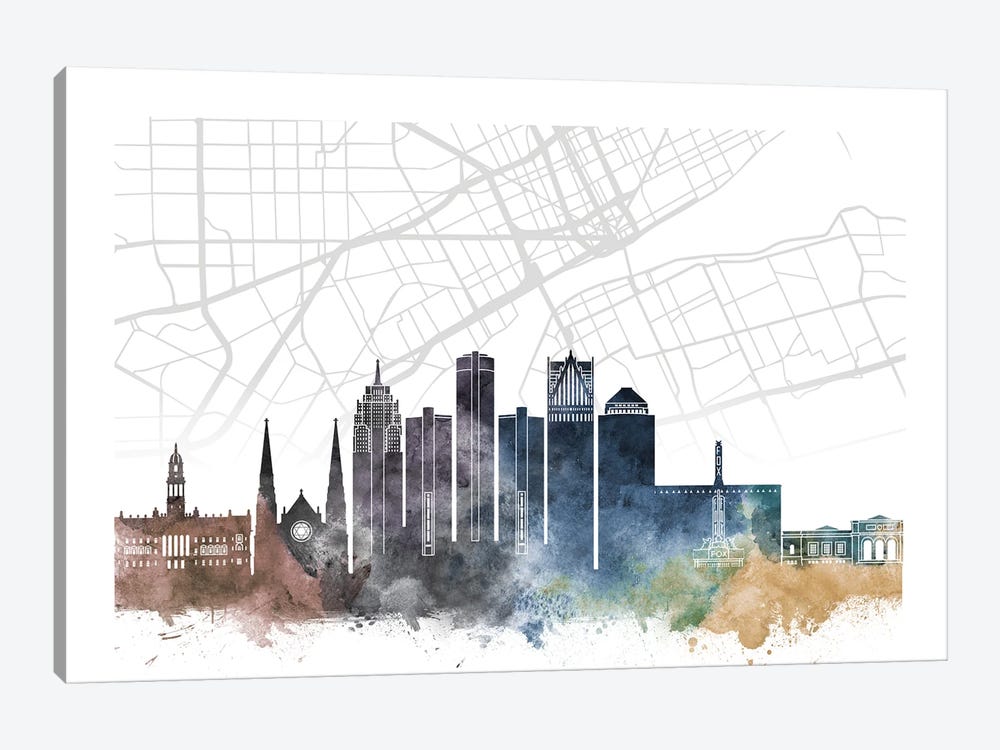 Detroit Skyline City Map by WallDecorAddict 1-piece Canvas Print