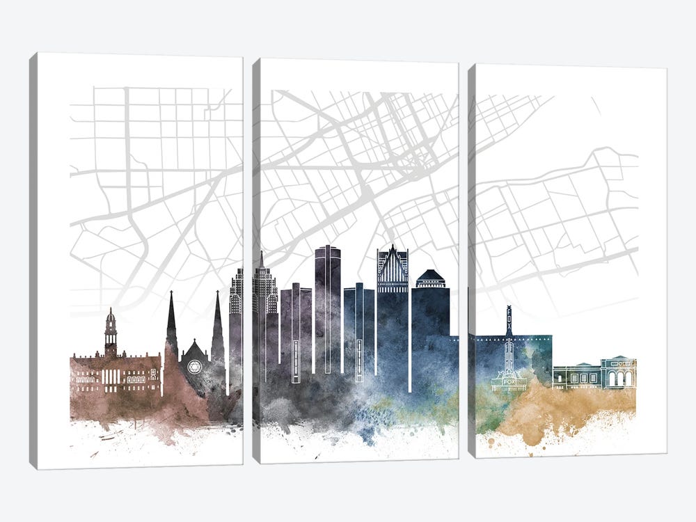 Detroit Skyline City Map by WallDecorAddict 3-piece Art Print