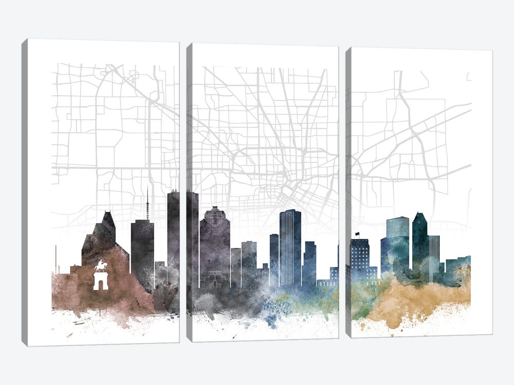 Houston Skyline City Map by WallDecorAddict 3-piece Canvas Print
