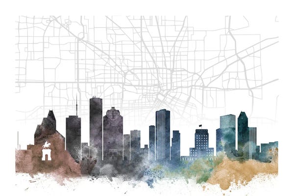 Large Map Art - Canvas Prints: Houston Skyline City Map by WallDecorAddict