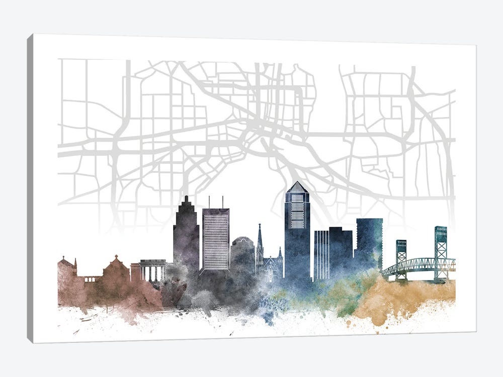 Jacksonville Skyline City Map by WallDecorAddict 1-piece Canvas Print