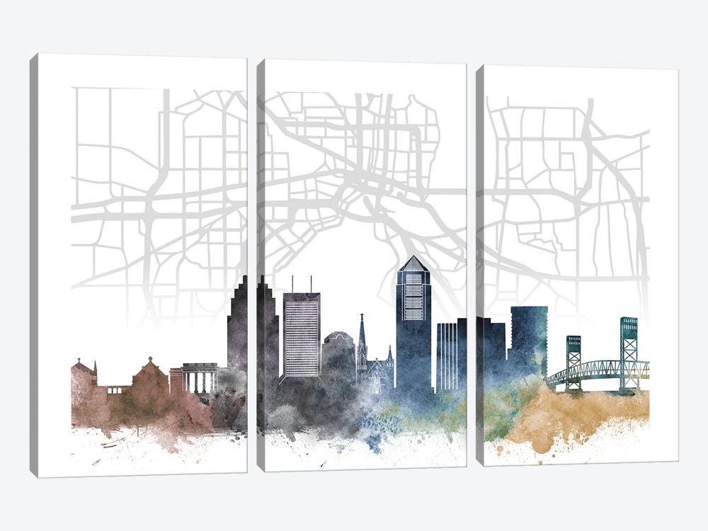 Jacksonville Skyline City Map by WallDecorAddict 3-piece Art Print