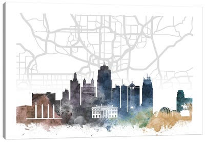 Kansas City Skyline City Map Canvas Art Print - Kansas City Skylines