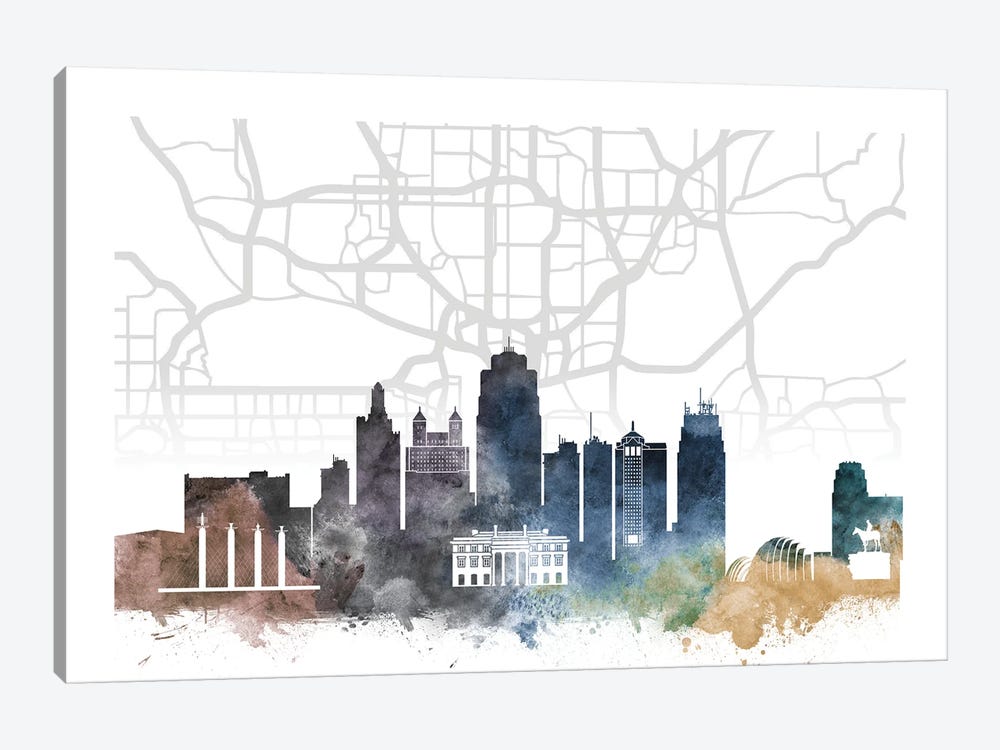Kansas City Skyline City Map by WallDecorAddict 1-piece Canvas Wall Art