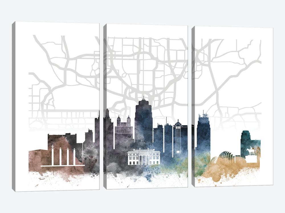 Kansas City Skyline City Map by WallDecorAddict 3-piece Canvas Artwork