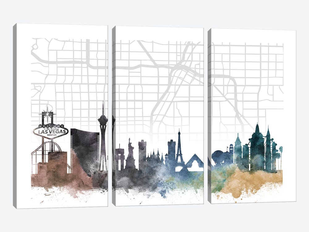 Las Vegas Skyline City Map by WallDecorAddict 3-piece Canvas Artwork