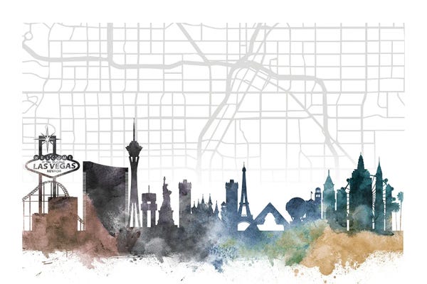 Large Map Art - Canvas Prints: Las Vegas Skyline City Map by WallDecorAddict