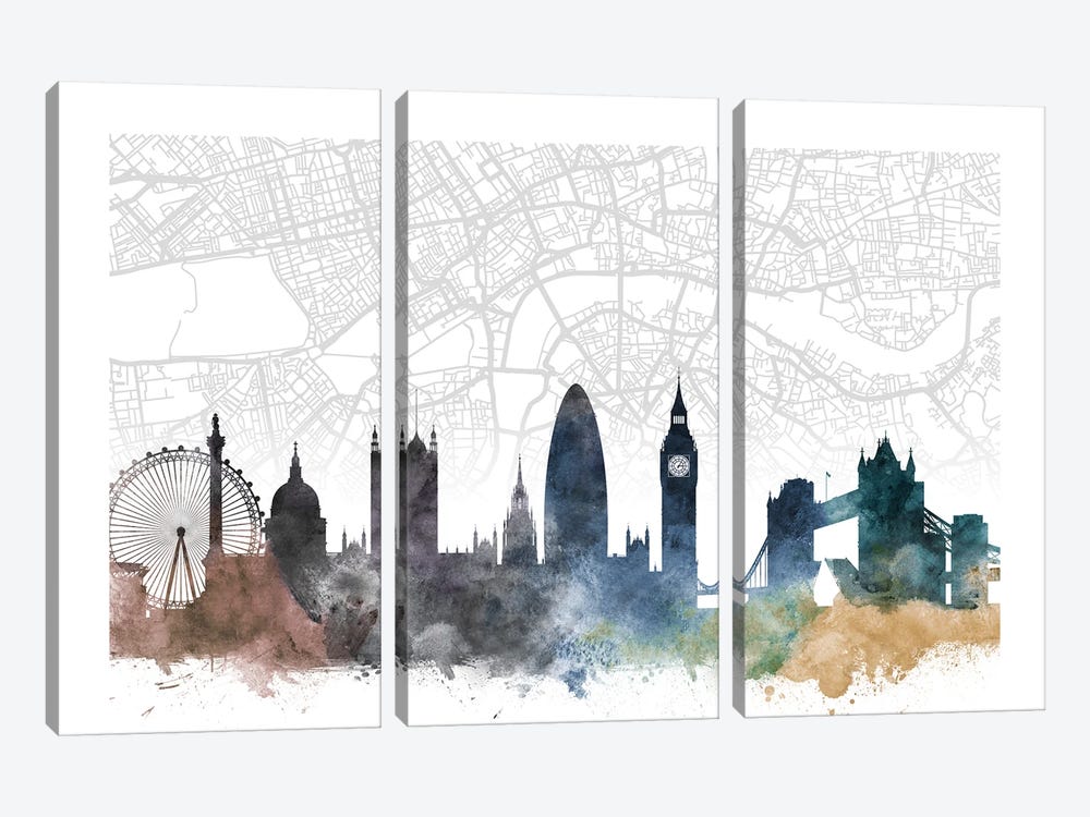 London Skyline City Map by WallDecorAddict 3-piece Canvas Art Print