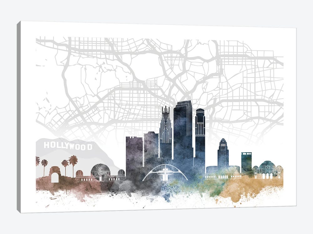 Los Angeles Skyline City Map by WallDecorAddict 1-piece Canvas Art