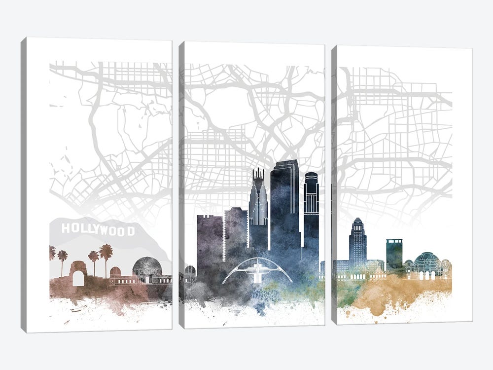 Los Angeles Skyline City Map by WallDecorAddict 3-piece Canvas Art