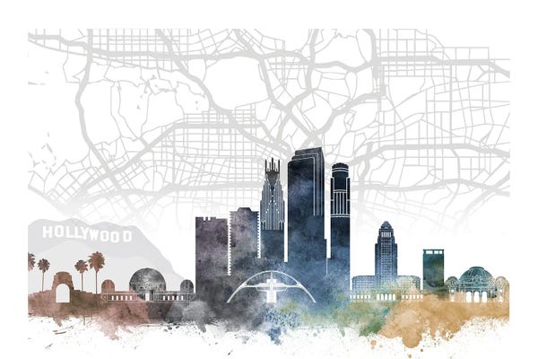Los Angeles Maps: Los Angeles Skyline City Map by WallDecorAddict