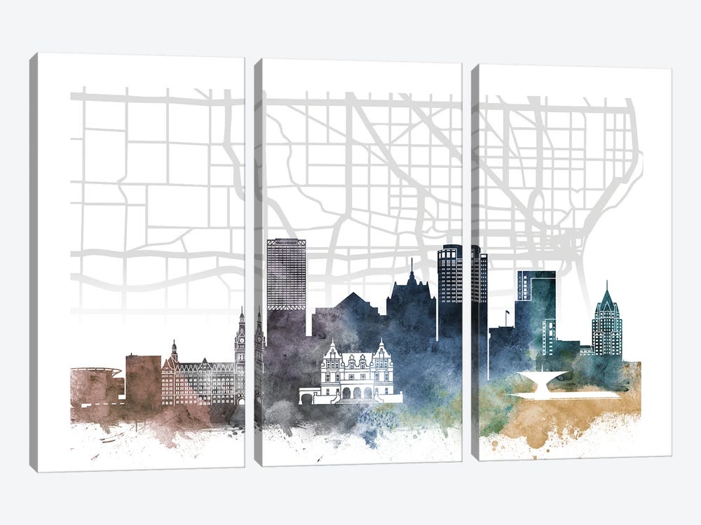 Milwaukee Skyline City Map by WallDecorAddict 3-piece Canvas Wall Art