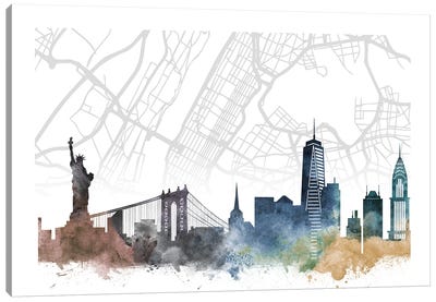 New York Skyline City Map Canvas Art Print - Statue of Liberty Art