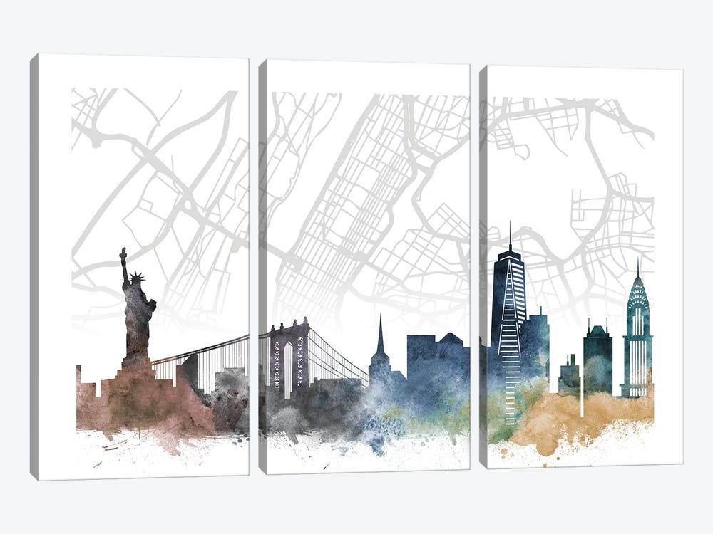 New York Skyline City Map by WallDecorAddict 3-piece Art Print