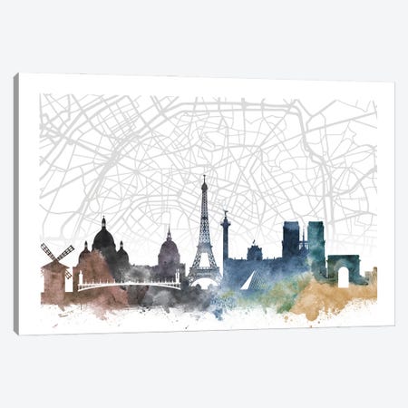 Paris Skyline City Map Canvas Print #WDA2256} by WallDecorAddict Canvas Artwork